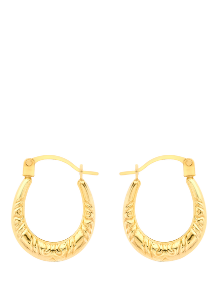 IBB 18ct Gold Patterned Oval Hoop Earrings, Gold, Gold