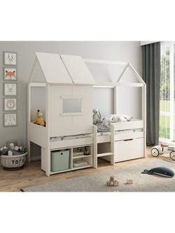 Kids Avenue Ordi Mini Playhouse Mid Sleeper Bed Frame With Storage, European Single, White