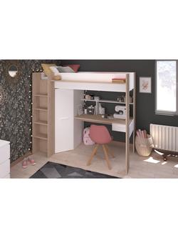 Kids Avenue Parisot Greyson High Sleeper Bed Frame and Desk, European Single, White/Oak