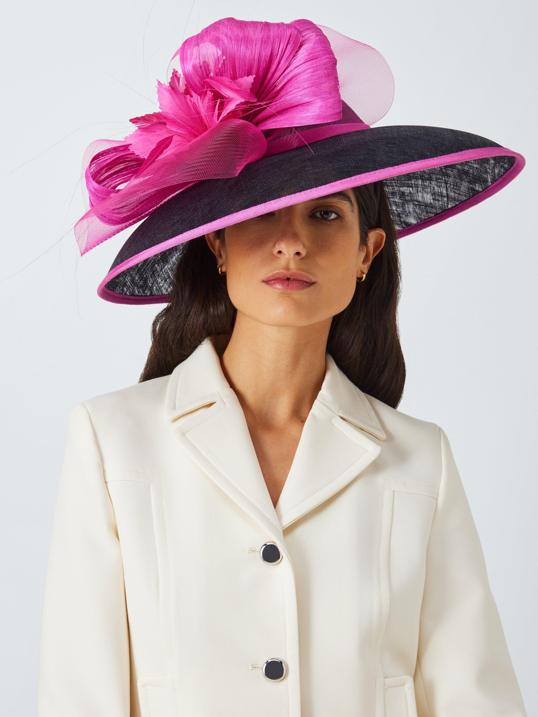 Product image 1 of 4, which shows Snoxells Scarlett Downward Brim Bow Occasion Hat, Black/Pink