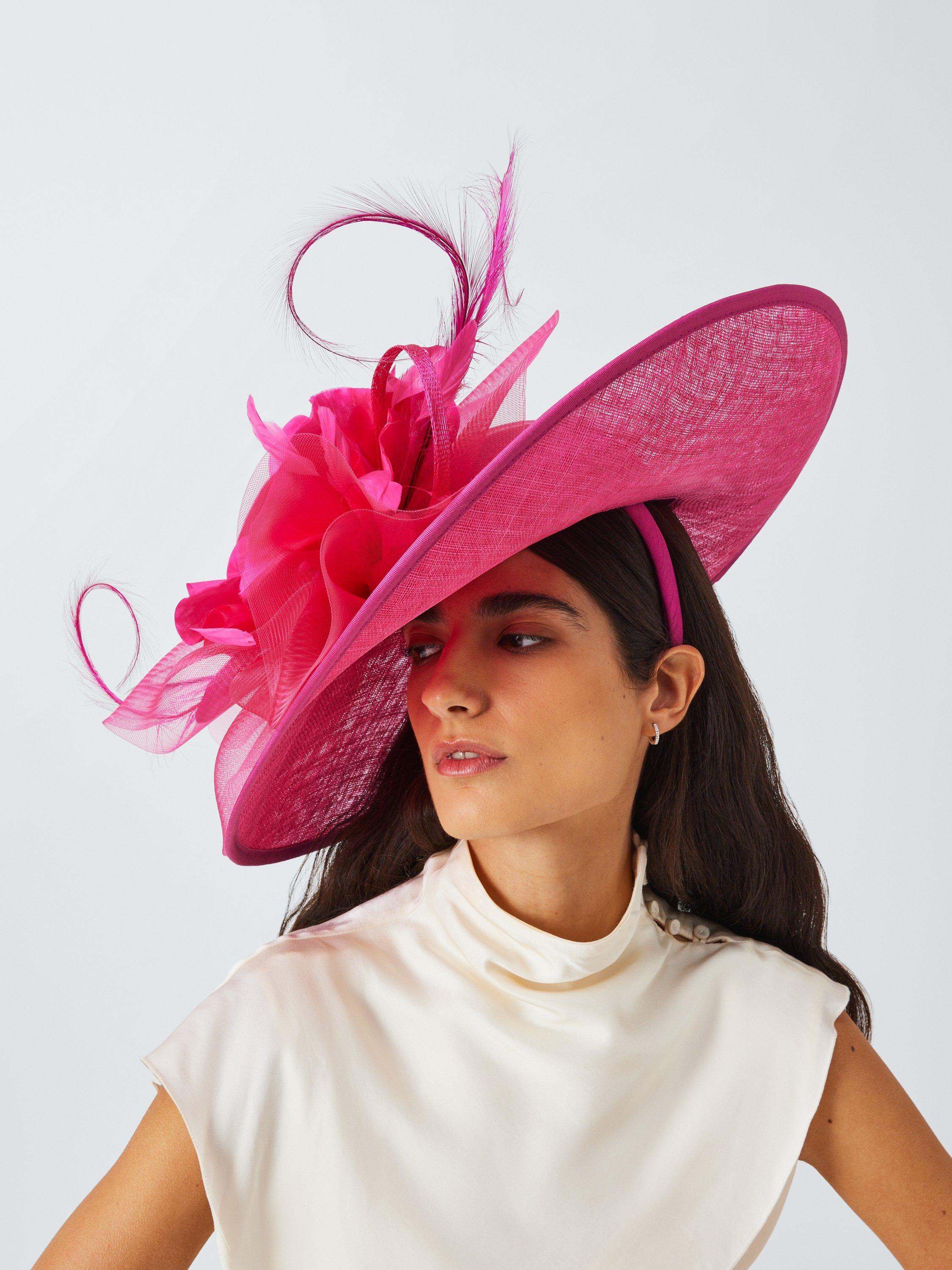 Product image 1 of 4, which shows Snoxells Victoria Large Disc Floral Feather Occasion Hat, Pink