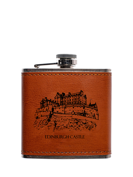 Selbrae House Edinburgh Castle Leather Bound Stainless Steel Hip Flask, 177ml, Black