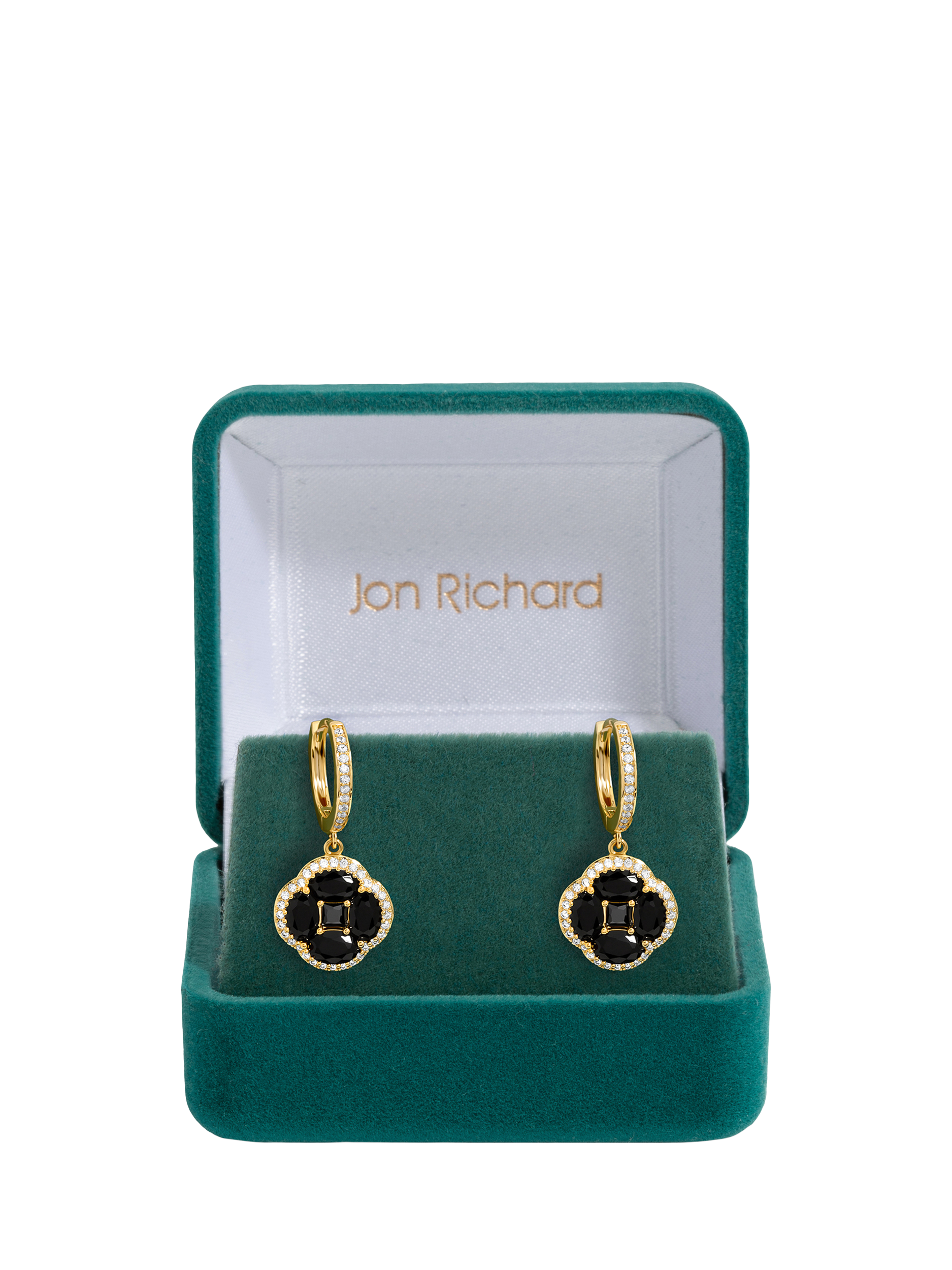 Product image 2 of 4, which shows Jon Richard Cubic Zirconia Jet Clover Drop Earrings, Gold/Black