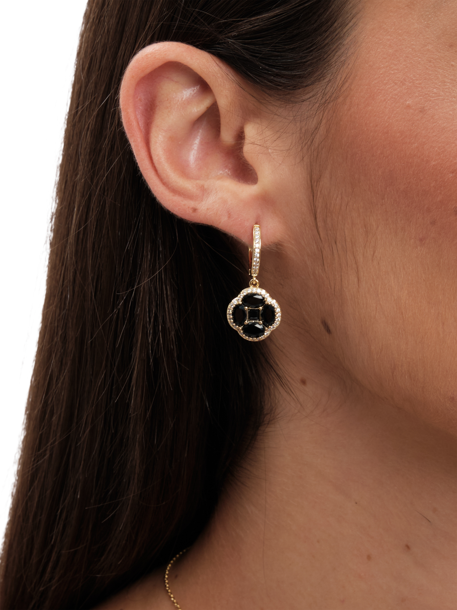 Product image 4 of 4, which shows Jon Richard Cubic Zirconia Jet Clover Drop Earrings, Gold/Black