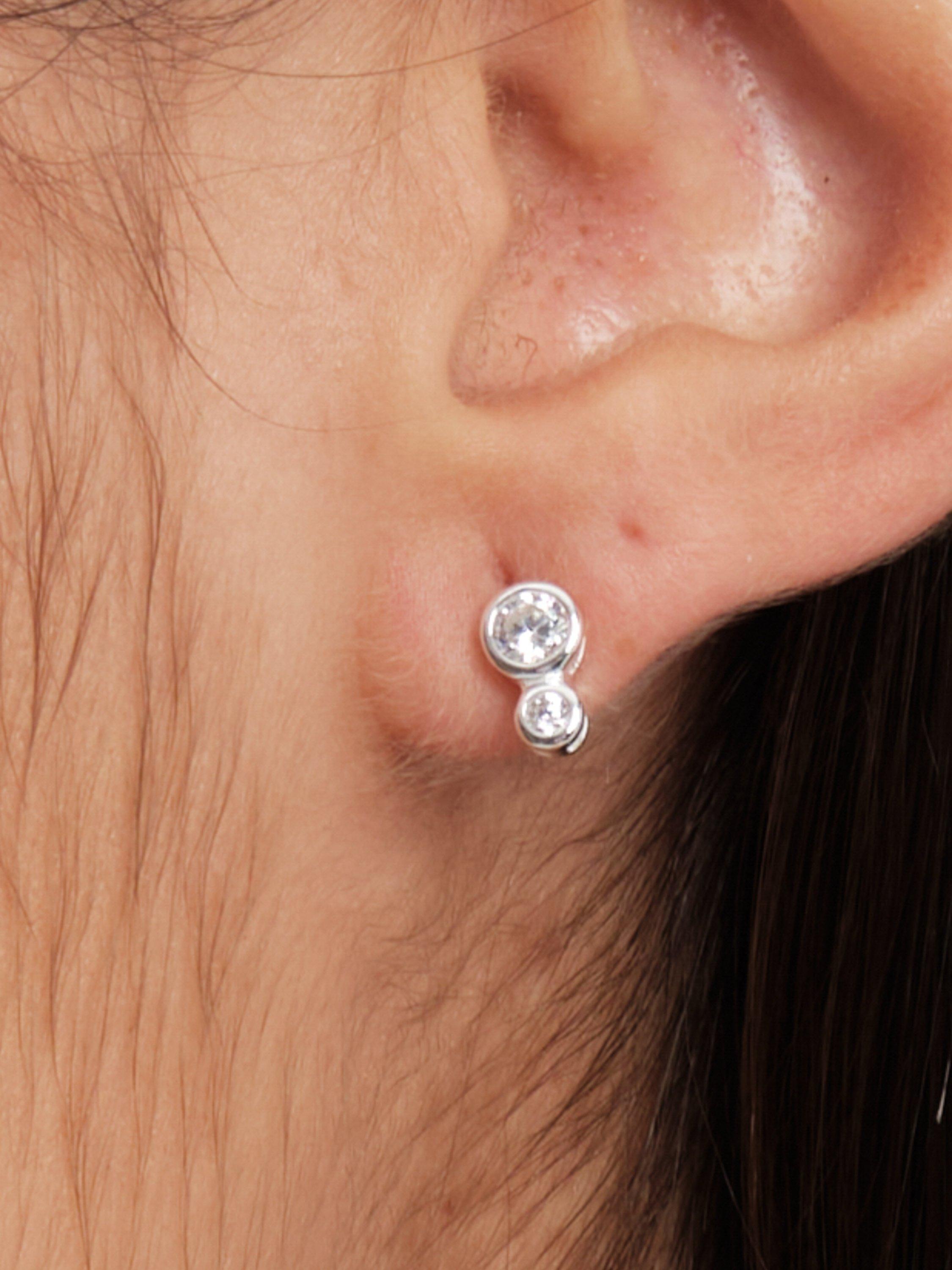 Product image 2 of 3, which shows Simply Silver Cubic Zirconia Mini Crystal Double Bezel Stud Earrings, Silver