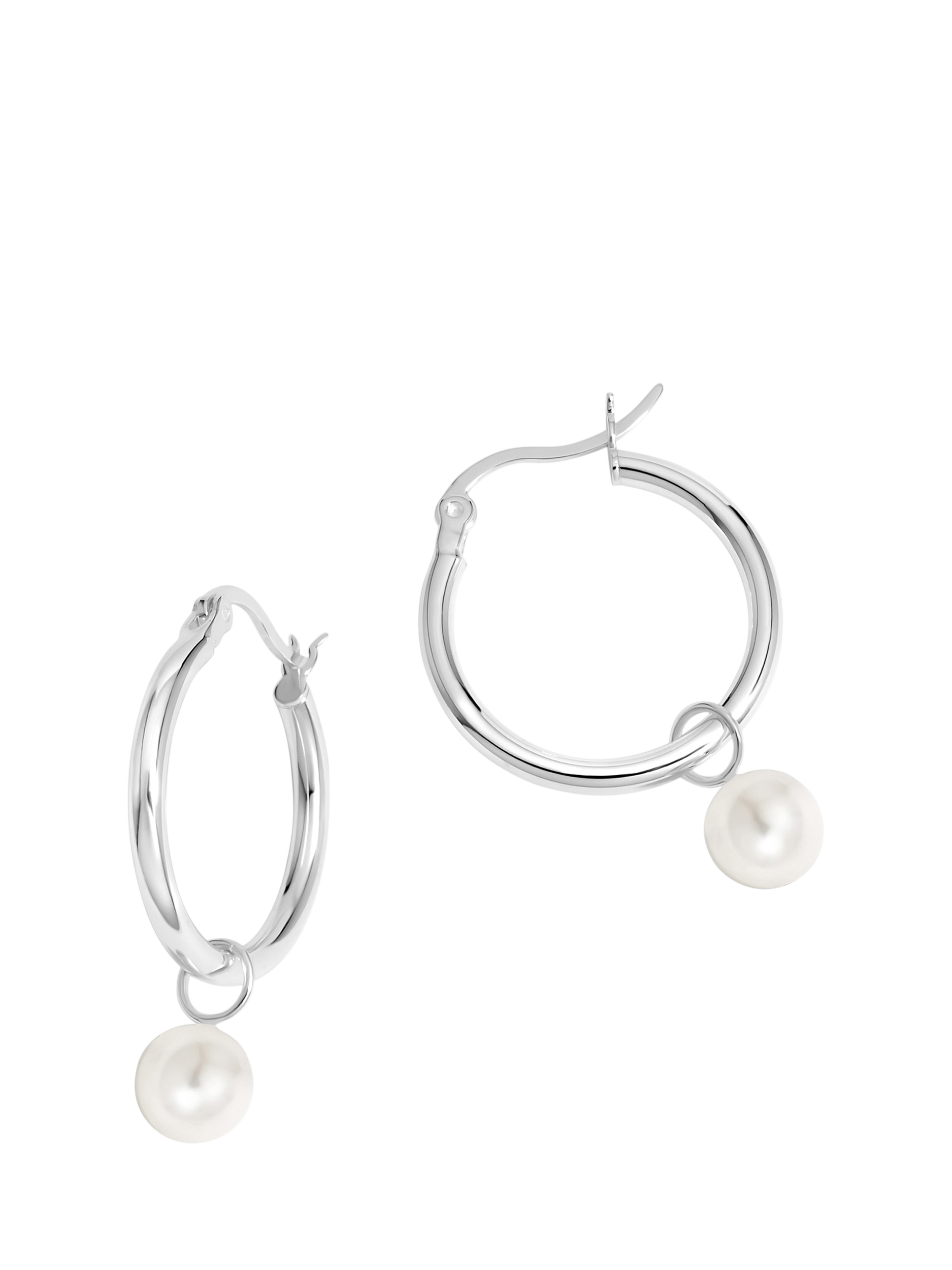 Product image 1 of 4, which shows Simply Silver Polished Pearl Charm Hoop Earrings, Silver