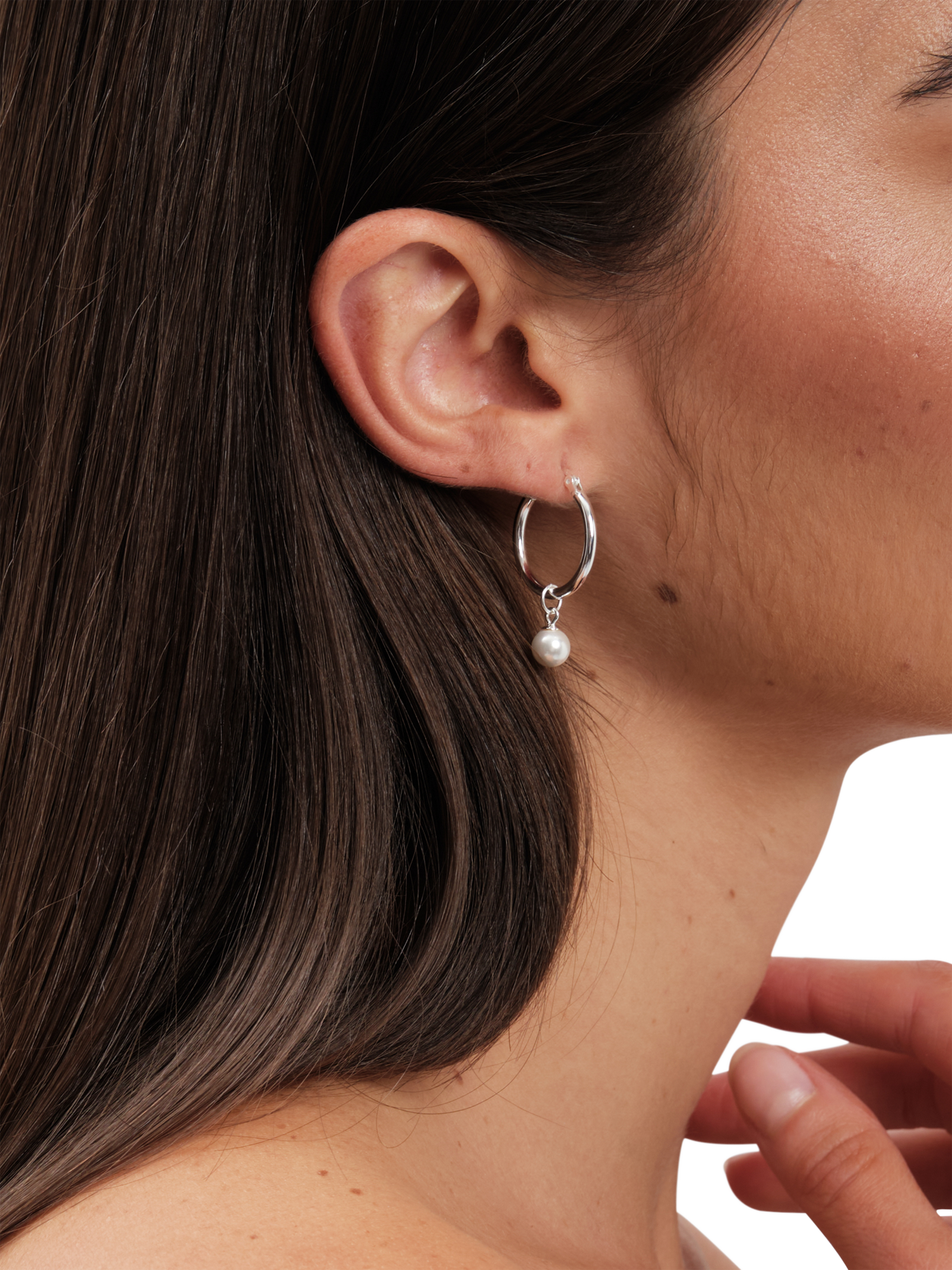 Product image 4 of 4, which shows Simply Silver Polished Pearl Charm Hoop Earrings, Silver