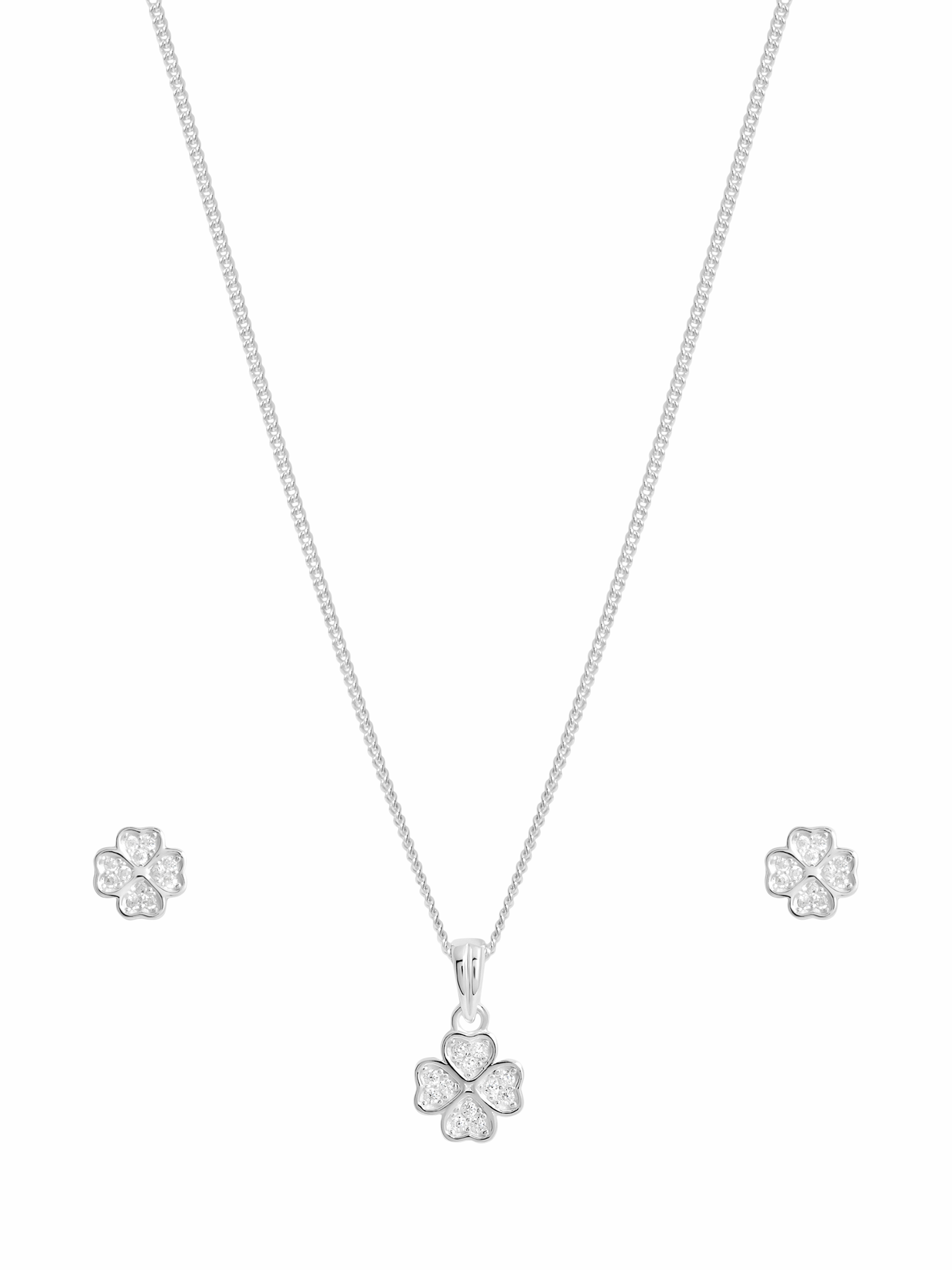 Product image 1 of 6, which shows Simply Silver Cubic Zirconia Clover Pendant Necklace and Stud Earrings Jewellery Set, Silver