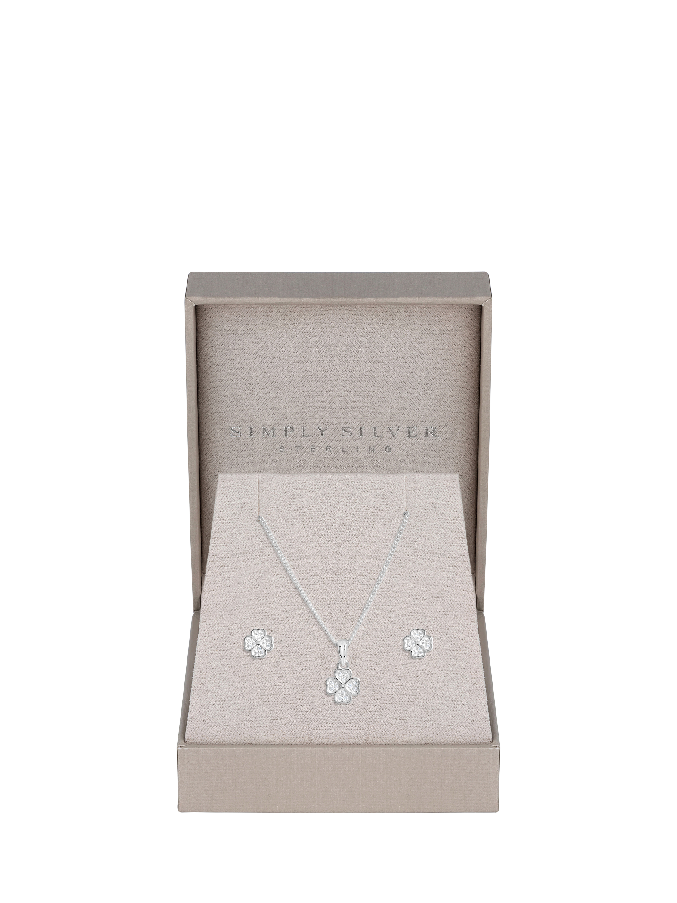 Product image 2 of 6, which shows Simply Silver Cubic Zirconia Clover Pendant Necklace and Stud Earrings Jewellery Set, Silver