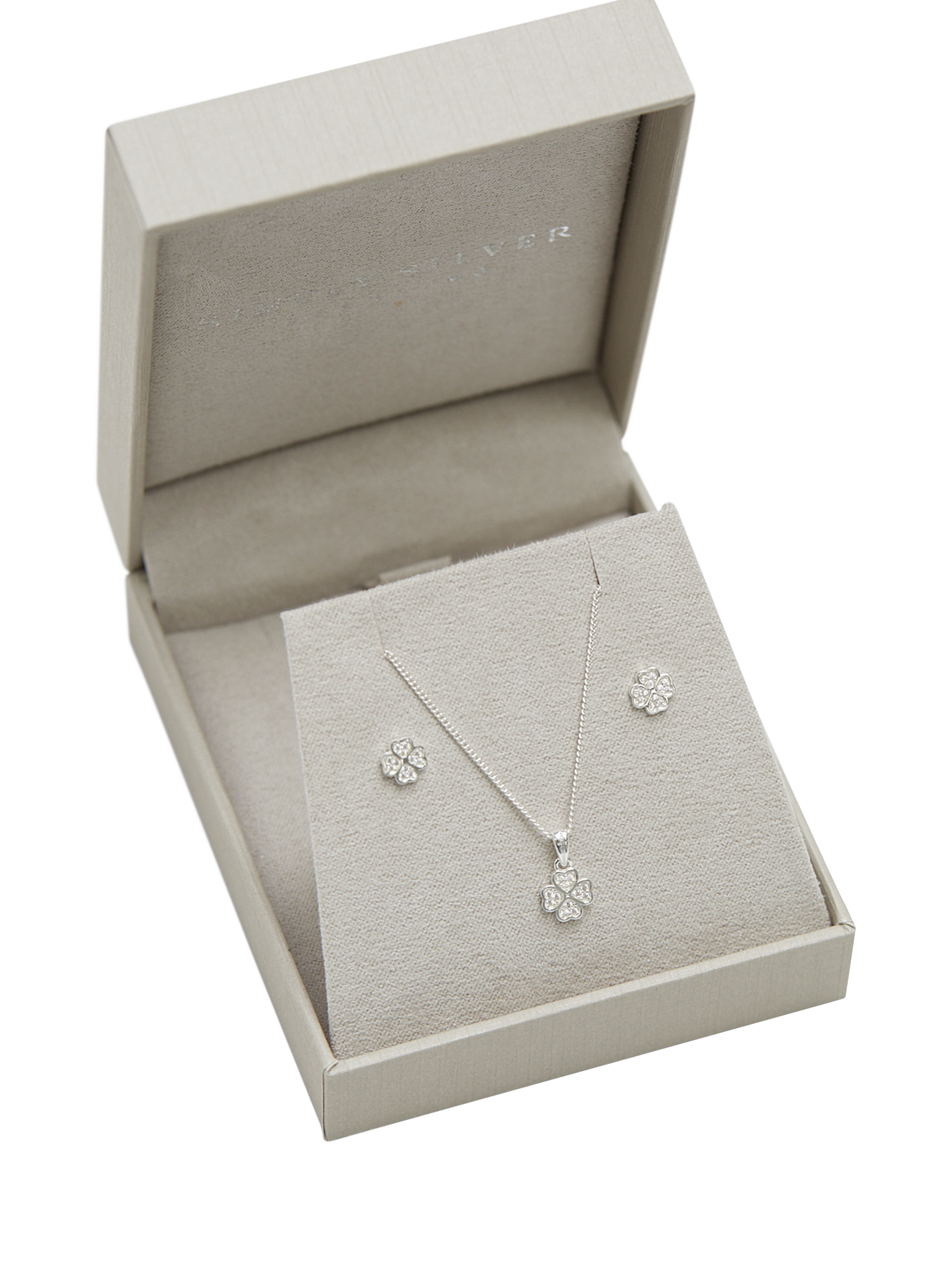 Product image 4 of 6, which shows Simply Silver Cubic Zirconia Clover Pendant Necklace and Stud Earrings Jewellery Set, Silver