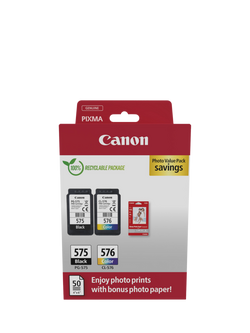 Canon PG-575/CL-576 Inkjet Printer Cartridge Multipack, Pack of 2, with GP-501 Glossy Photo Paper, 10 x 15cm, 50 Sheets, Multi