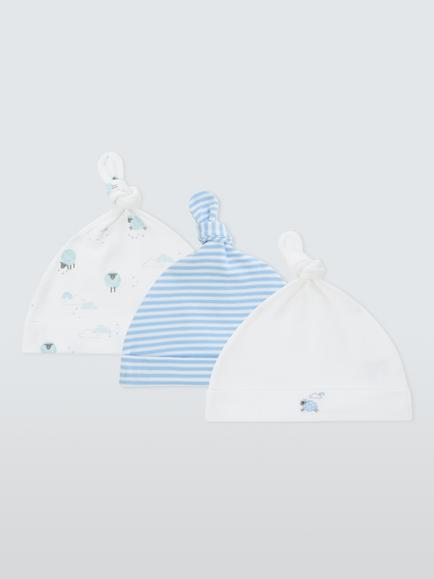 John Lewis Baby Sheep Cotton Hats, Pack of 3, Blue, Multi