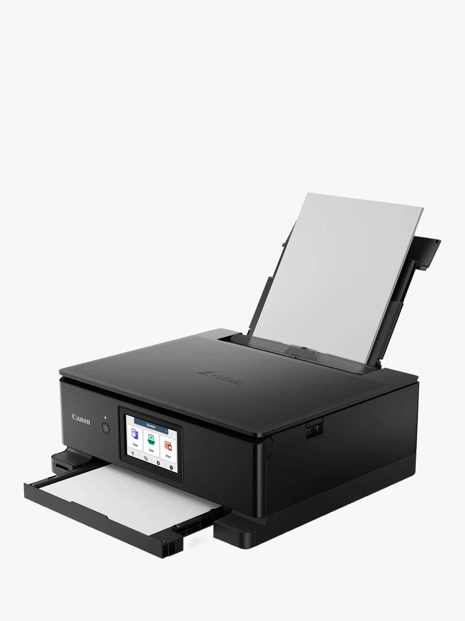 Canon black all-in-one inkjet printer with touchscreen, rear paper feed and output tray on white background