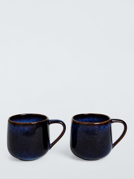 John Lewis Iver Reactive Glaze Stoneware Mug, Set of 2, 350ml, Blue, Blue