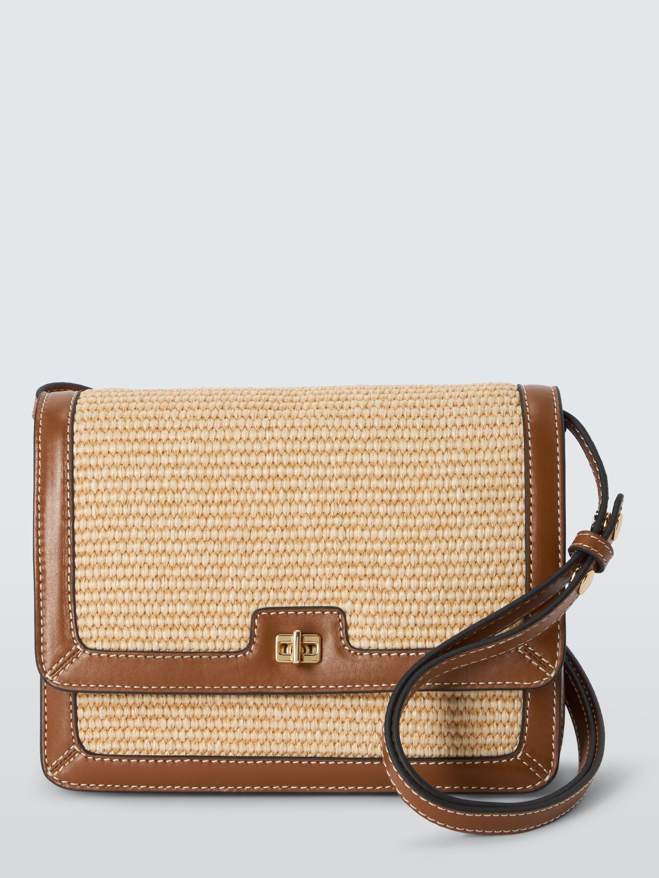 Product image 1 of 6, which shows John Lewis Raffia and Leather Flap Over Cross Body Bag, Neutral