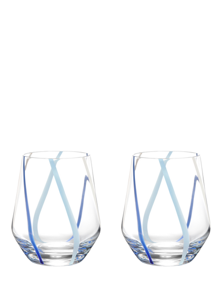 Anton Studio Designs Rio Striped Double Old Fashioned Glass Tumblers, Set of 2, 450ml, Azure, Azure