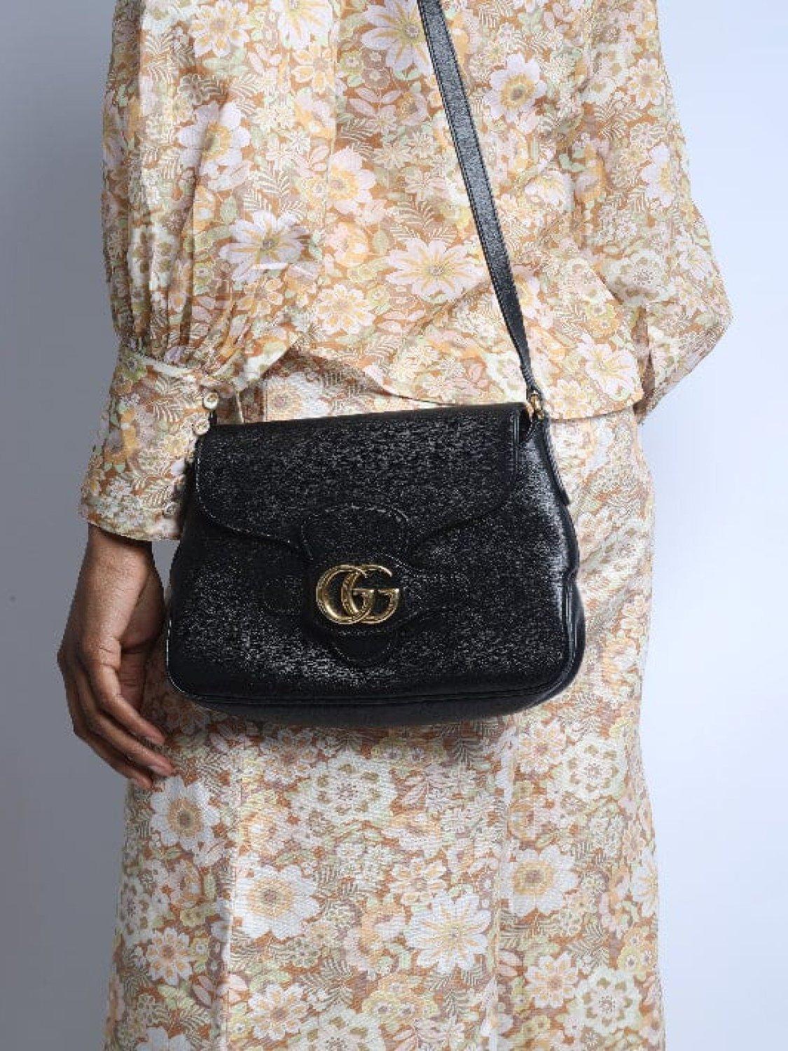 Product image 9 of 9, which shows Pre-loved GUCCI GG Logo Leather Small Cross Body Messenger Bag, Black