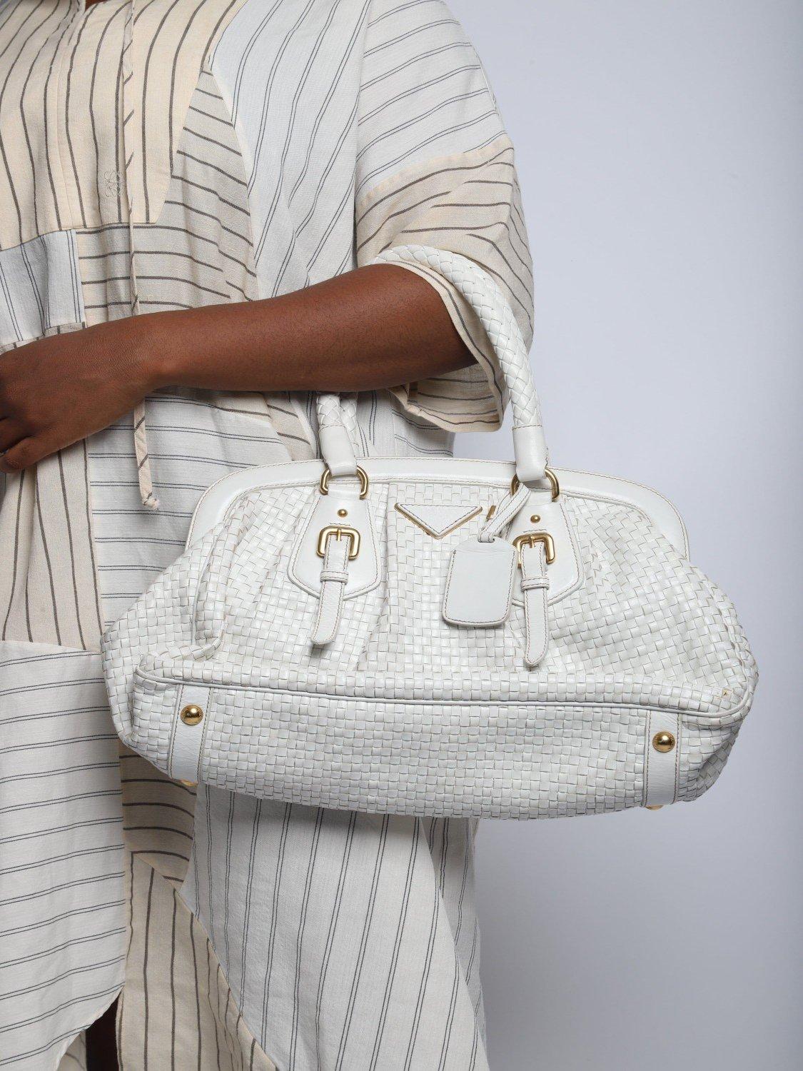 Pre loved Prada Woven Leather Top Handle Bag White