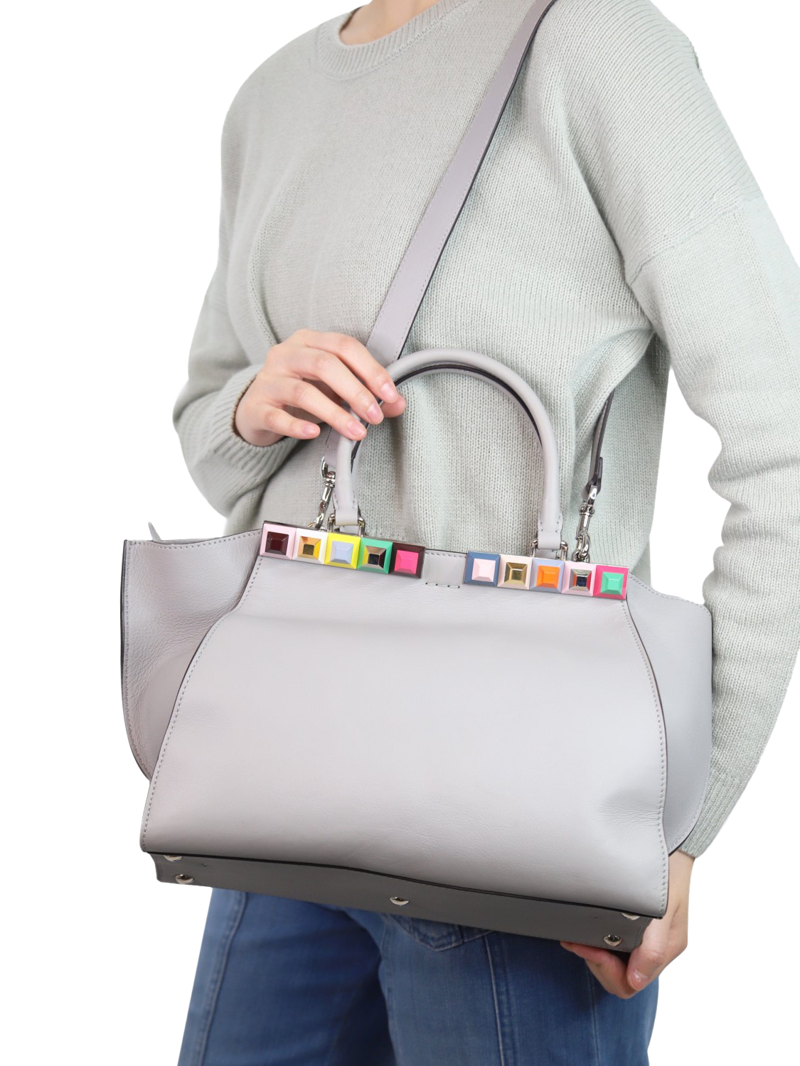 Product image 2 of 6, which shows Pre-loved Fendi Leather Studded 3Jours Tote Bag, Grey