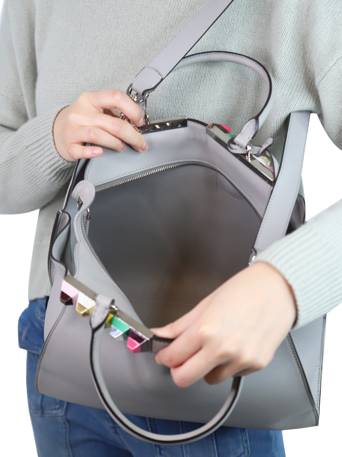 Product image 3 of 6, which shows Pre-loved Fendi Leather Studded 3Jours Tote Bag, Grey