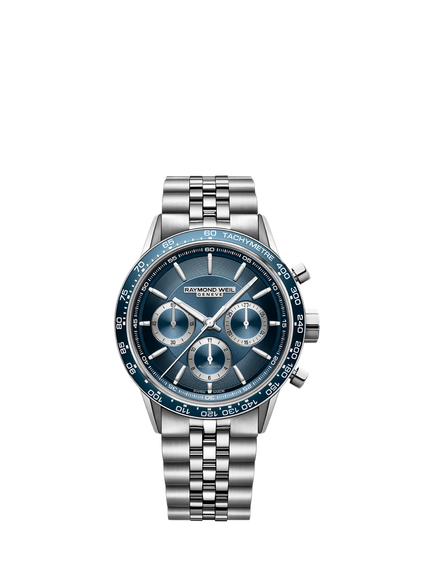 Raymond Weil Men's Freelancer 43.5 Chronograph Automatic Bracelet Strap Watch, Silver/Blue, Silver