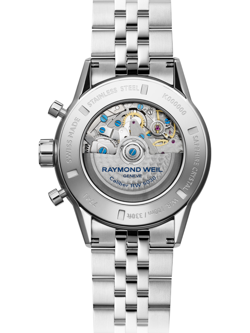 Product image 2 of 3, which shows Raymond Weil Men's Freelancer 43.5 Chronograph Automatic Bracelet Strap Watch, Silver/Blue