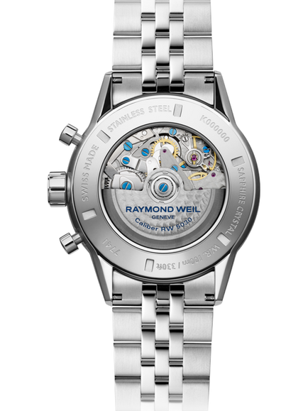 Raymond Weil Men's Freelancer 43.5 Chronograph Automatic Bracelet Strap Watch, Silver/Blue - view 2, Silver