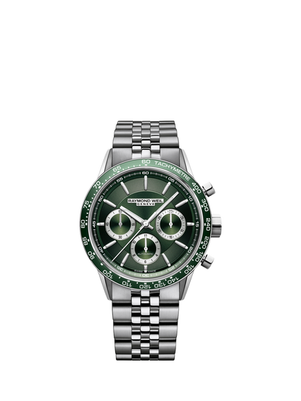 Raymond Weil Men's Freelancer Chronograph Automatic Bracelet Strap Watch, Silver/Green, Silver