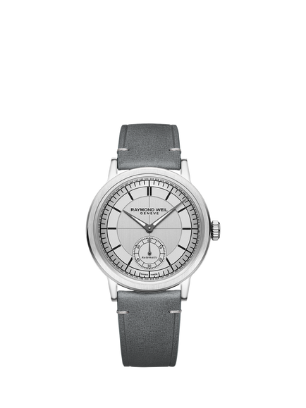Raymond Weil Men's Millesime 39.5 Seconds Dial Automatic Leather Strap Watch, Silver/Grey, Silver