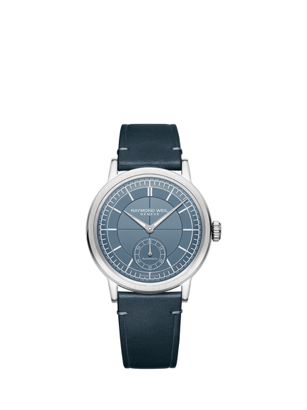 Raymond Weil Men's Millesime 39.5 Seconds Dial Automatic Leather Strap Watch, Silver/Blue, Silver