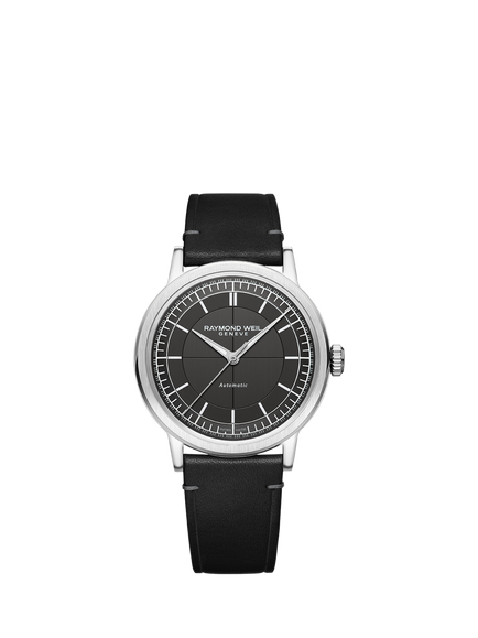 Raymond Weil Men's Millesime 39.5 Automatic Leather Strap Watch, Silver/Black, Silver