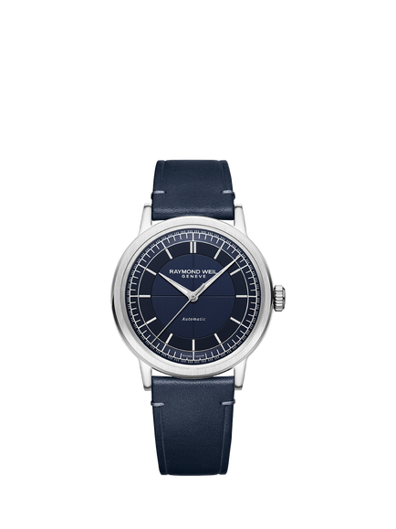 Raymond Weil Men's Millesime 39.5 Automatic Leather Strap Watch, Silver/Blue, Silver