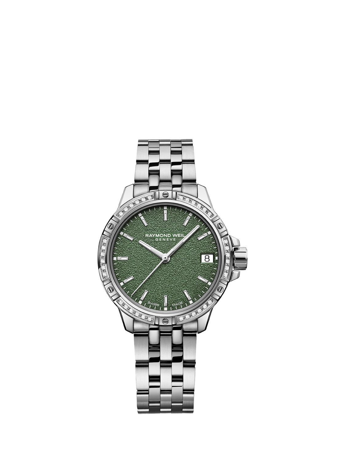 Product image 1 of 3, which shows Raymond Weil Women's Tango 30 Frosted Diamonds Date Bracelet Strap Watch, Silver/Green