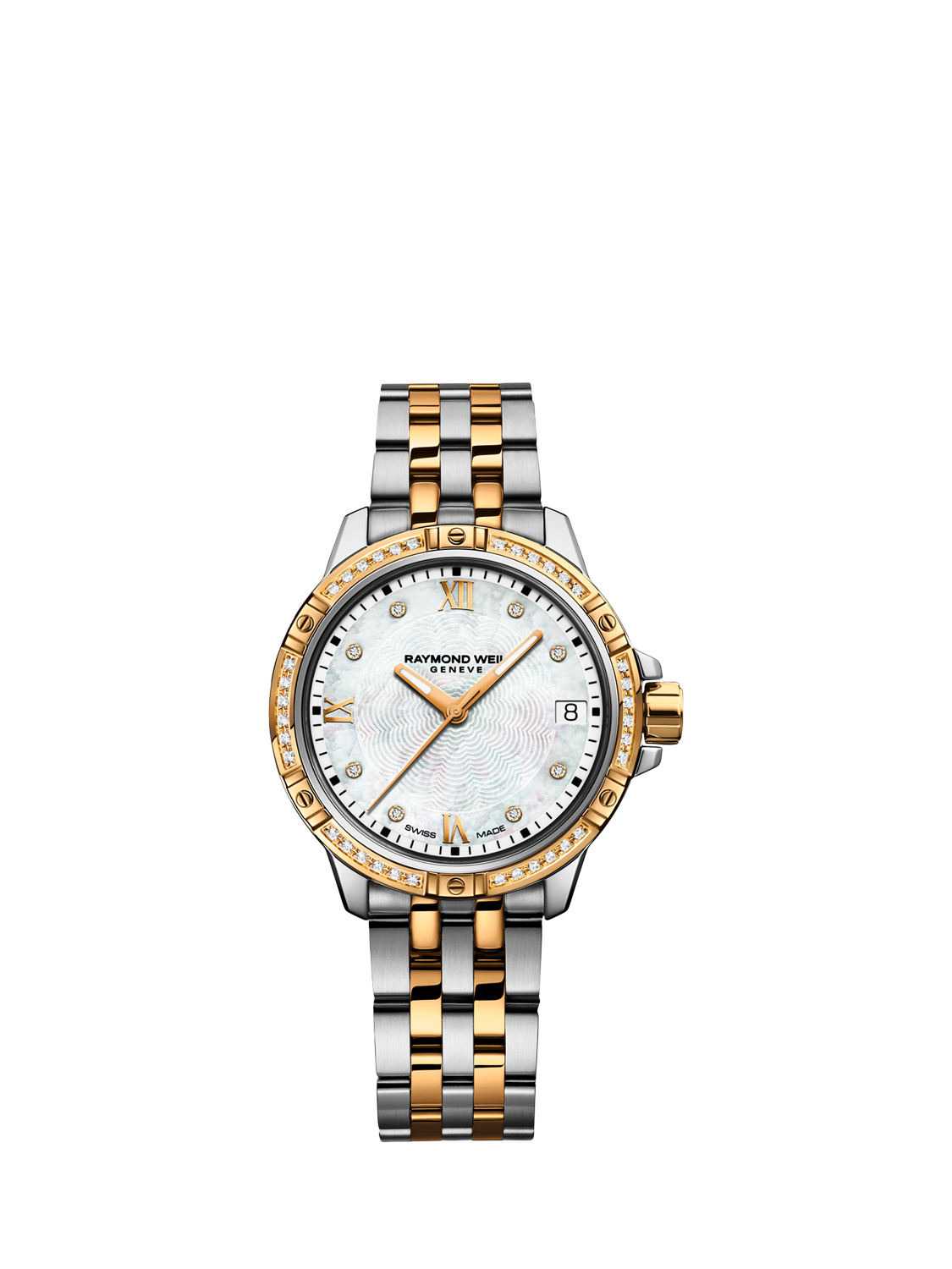 Product image 1 of 3, which shows Raymond Weil Women's Tango 30 Mother of Pearl Diamonds Bezel Date Bracelet Strap Watch, Silver/Gold