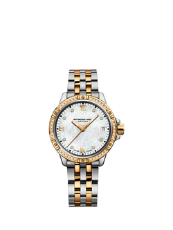 Raymond Weil Women's Tango 30 Mother of Pearl Diamonds Bezel Date Bracelet Strap Watch, Silver/Gold, Silver & Yellow