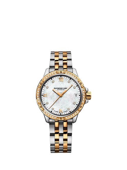 Raymond Weil Women's Tango 30 Mother of Pearl Diamonds Bezel Date Bracelet Strap Watch, Silver/Gold, Silver & Yellow