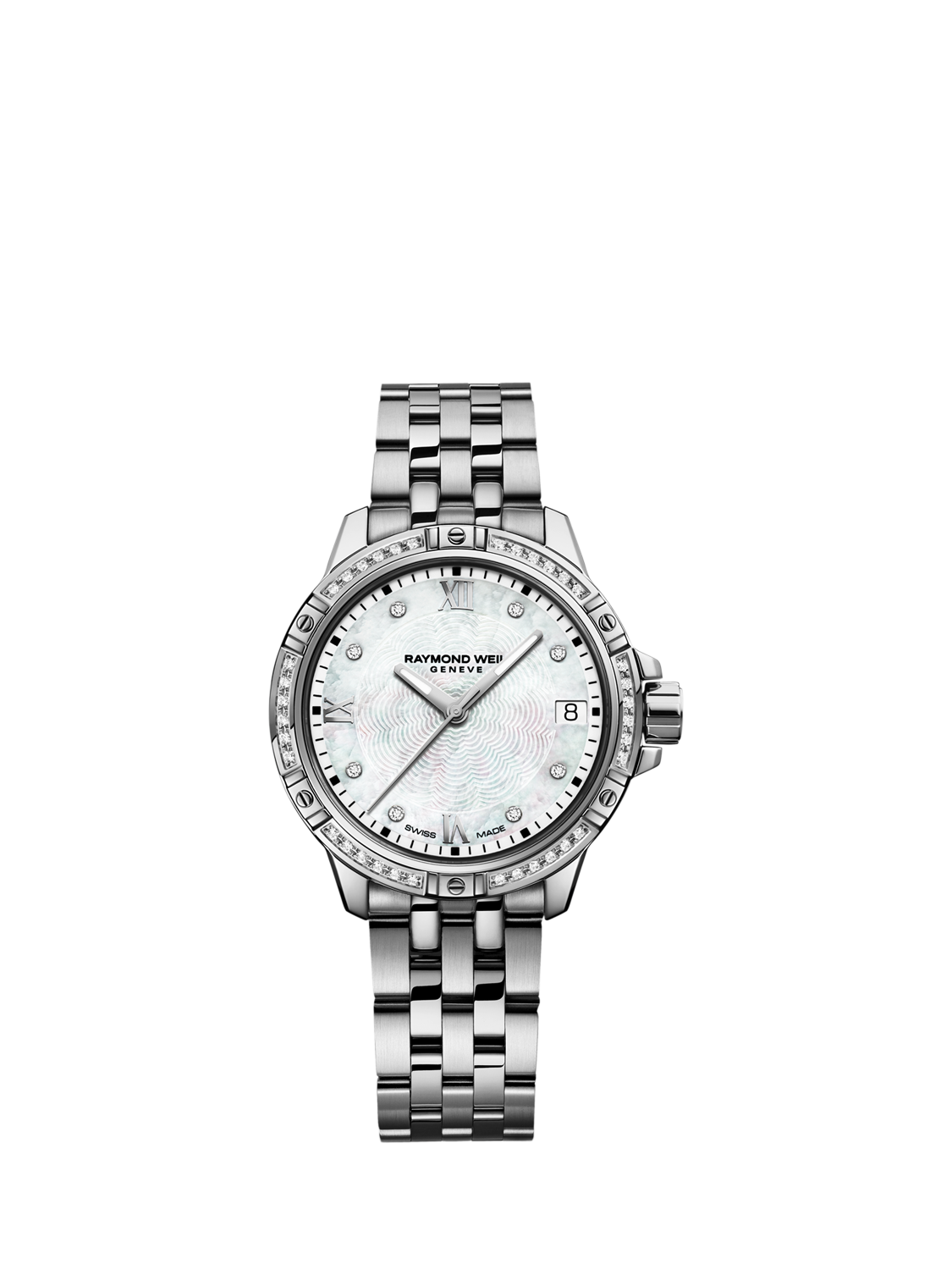 Raymond Weil Women's Tango 30 Mother of Pearl Diamonds Bezel Date Bracelet Strap Watch, Silver