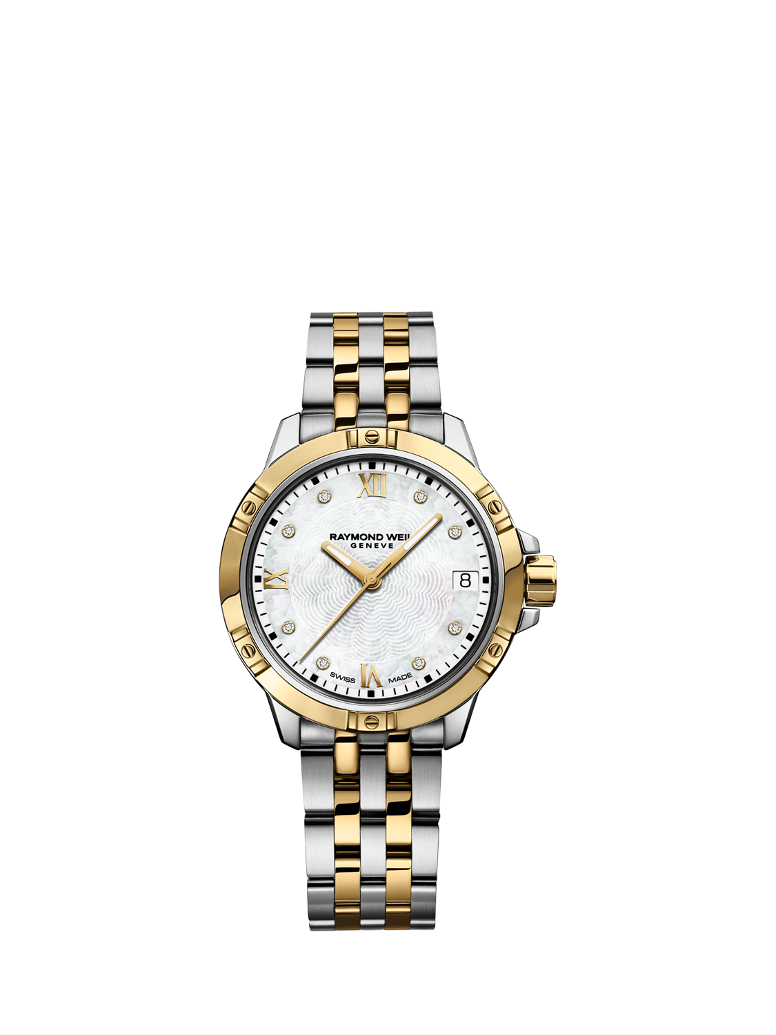Product image 1 of 3, which shows Raymond Weil Women's Tango 30 Mother of Pearl Diamonds Date Bracelet Strap Watch, Silver/Gold