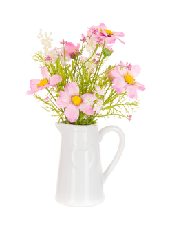 Floralsilk Artificial Cosmos in Small Ceramic White Jug, 35cm, Pink, Pink
