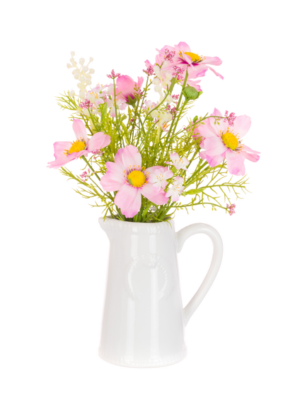 Floralsilk Artificial Cosmos in Small Ceramic White Jug, 35cm, Pink, Pink