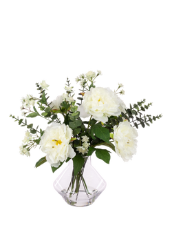 Floralsilk Artificial Peony & Eucalyptus in Glass Vase, 46cm, White/Green, White