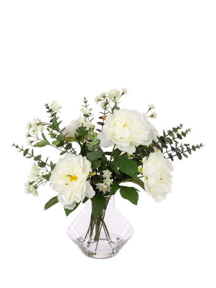 Floralsilk Artificial Peony & Eucalyptus in Glass Vase, 46cm, White/Green, White