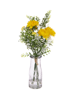 Floralsilk Artificial Daisy & Foliage in Glass Bottle Vase, Yellow, Yellow