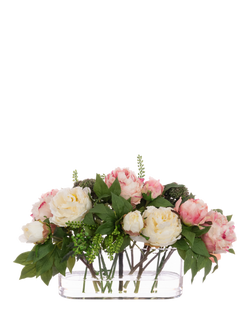 Floralsilk Artificial Deluxe Peony in Oblong Glass Vase, Pink, Pink/White