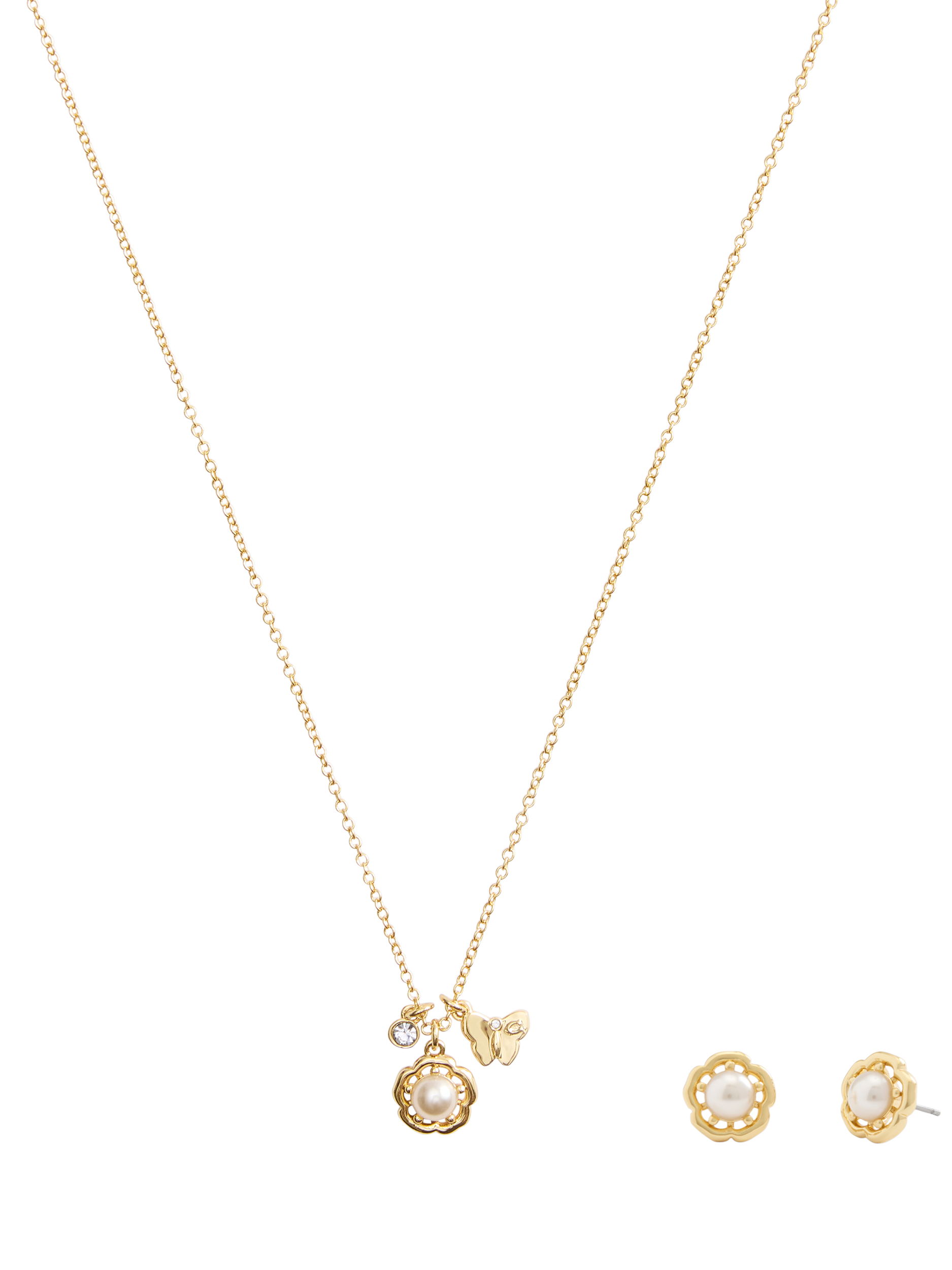 Product image 1 of 5, which shows Coach Flower Pendant Necklace and Earrings Jewellery Set, Gold