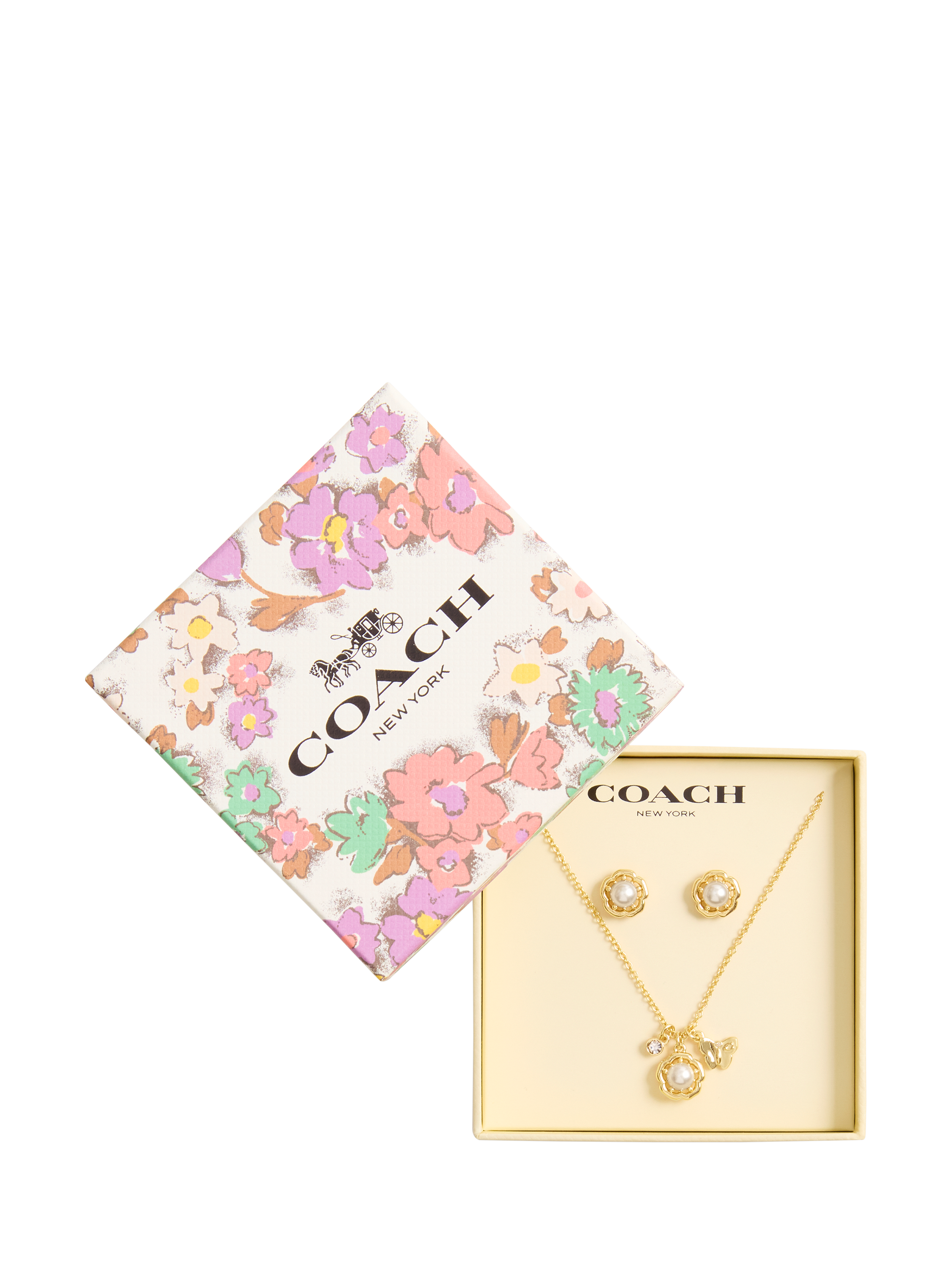 Product image 2 of 5, which shows Coach Flower Pendant Necklace and Earrings Jewellery Set, Gold