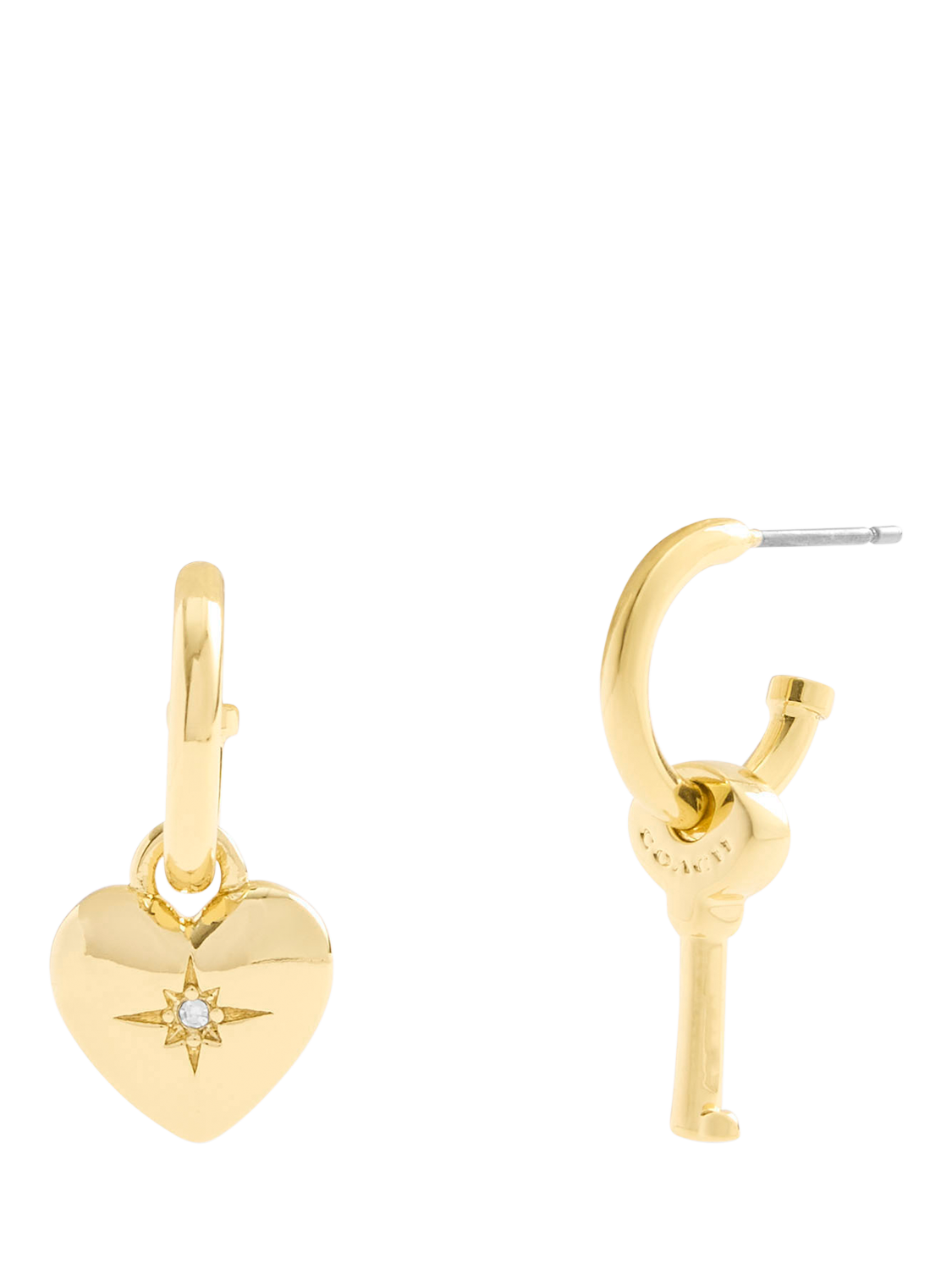Product image 1 of 4, which shows Coach Heart & Key Huggie Hoop Earrings, Gold