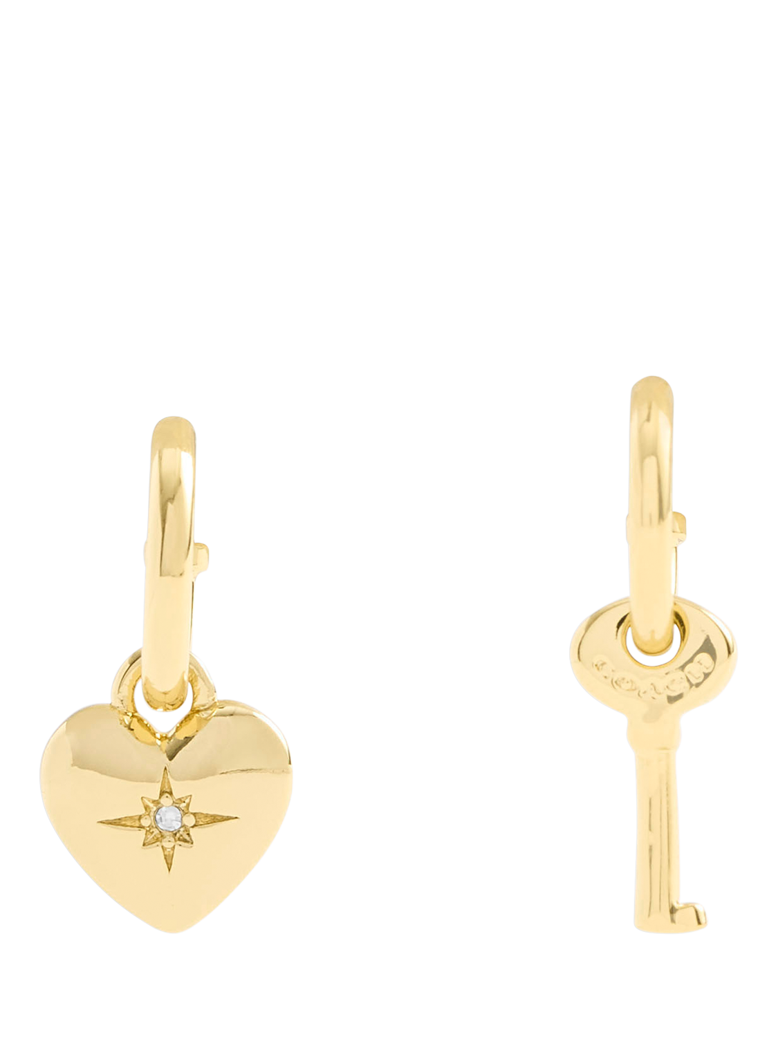 Product image 2 of 4, which shows Coach Heart & Key Huggie Hoop Earrings, Gold
