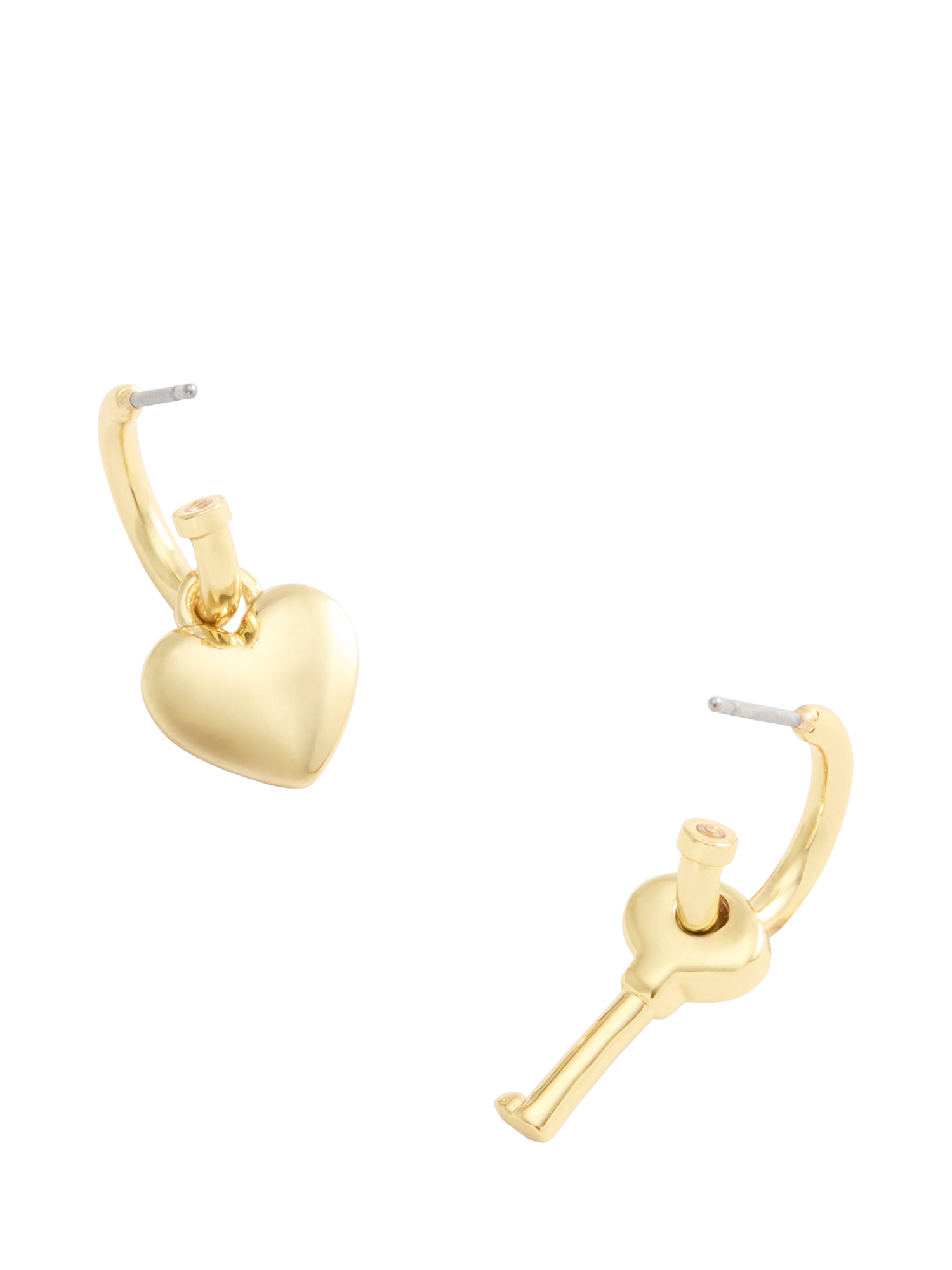 Product image 3 of 4, which shows Coach Heart & Key Huggie Hoop Earrings, Gold