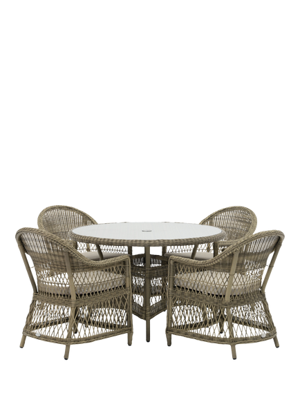 Bramblecrest RHS Rosemoor 4-Seater Round Garden Dining Table & Chairs Set with Parasol, Latte, Latte